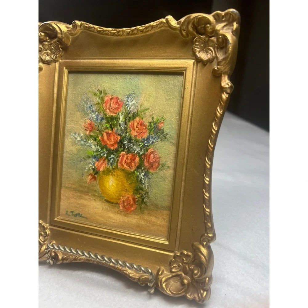 Vintage MCM Still Life Floral Painting Gold Ornate Mini Frame Regency 1964 USA